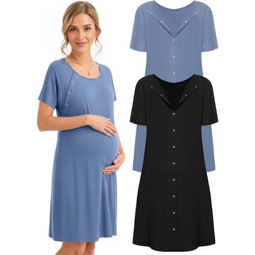 Ekouaer 2 Pack Labor and Delivery Gown 3 in 1 Maternity Nursing Hospital Nightgown Short Sleeve Breastfeeding Gowns
