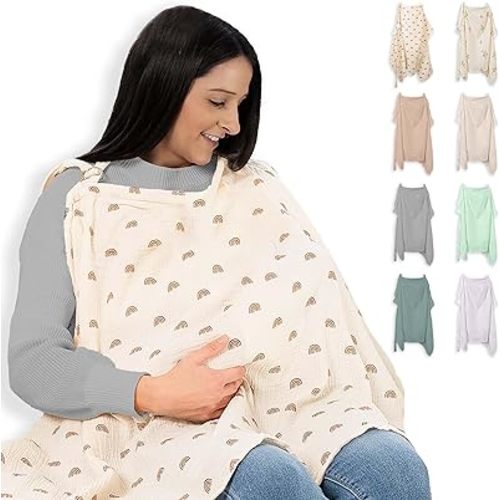 Miflor Muslin Nursing Cover - Large 42x30 Inches Nursing Cover Up for Breastfeeding | Breast Feeding Covers for Women with 2 Pockets, Carry Bag, Muslin Cotton, Stylish & Comfortable Design