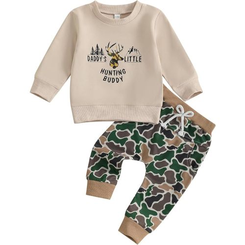 Toddler Baby Boy Hunting Outfit Duck Deer Embroidery Long Sleeve Sweatshirt Camo Pants Set 2Pcs Fall Winter Clothes