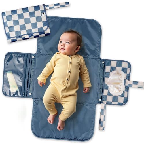 Tiny Twinkle Portable Diaper Changing Pad-Foldable Waterproof Changing Mat&Portable Changing Pad for Travel,Baby Changing Station with Smart Wipes Pocket&Storage (Blue Checkers)