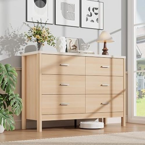 Garvee 6 Drawer Dresser, Wooden Storage Chest of Drawers, Beige & Oak