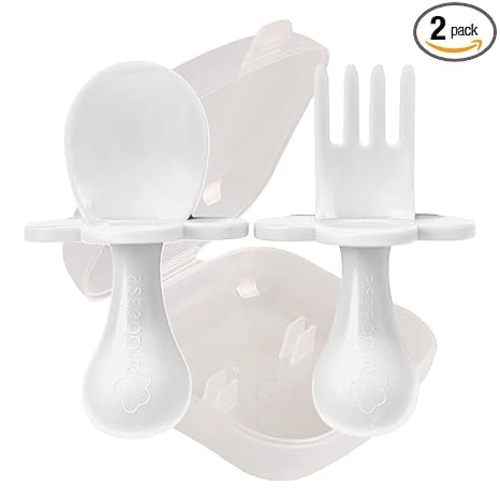 Grabease Baby Feeding Utensils Set - Infant and Baby Fork and Spoon for Ages 1-11 Months, BPAs and Phthalate-Free Cutlery, Plastic, 1 Set, White