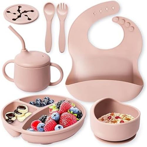 Silicone Baby Feeding Supplies Set 7 Pcs Beige, Baby Led Weaning Supplies with Suction Divided Plate, Baby Suction Bowl, Sip and Snack Cup, Spoon, Fork, Food Catcher Bib | Baby feeding essentials