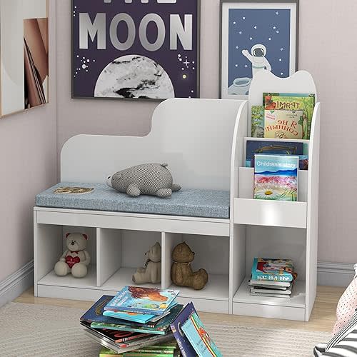 TaoHFE Reading Nook for Kids with 4 Storage Cubes and Cushion, Kids Bench with Kids Bookshelf and Toy Storage, Multifunctional Kids Reading Nook for Living Room, Kids Room, Nursery, White