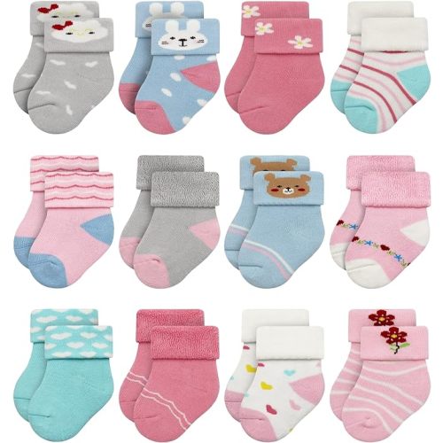 RATIVE Newborn Baby Socks 0-6,6-12 Months Terry Turn Cuff Socks for Boys Girls