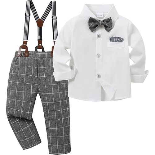 YALLET Toddler Baby Boy Clothes Suit Gentleman Wedding Outfits, Formal Dress Shirt+Bowtie+Vest+Boutonniere+Suspender Pants 12-18 M