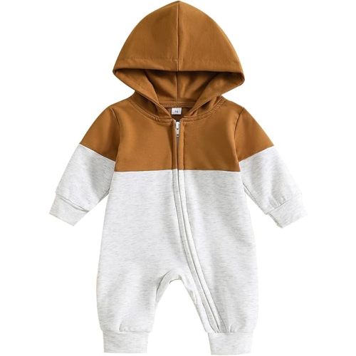 BemeyourBBs Newborn Baby Boy Clothes Color Block Long Sleeve Hooded Romper with Pocket Fall Winter One Piece Outfits