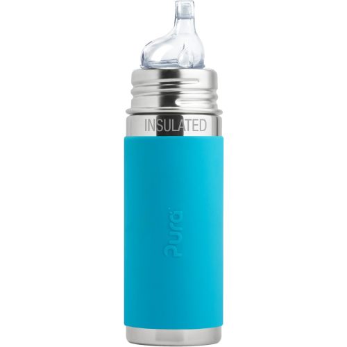 Pura Kiki 9oz/260ml Stainless Steel Insulated Sippy Bottle w/Sleeve, Plastic-Free, MadeSafe Certified, Medical-Grade Silicone Sipper Spout Fast Flow Rate for Kids, Toddlers, Babies & Infant – Aqua