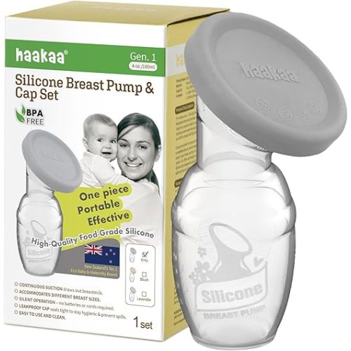 haakaa Manual Breast Pump Breastfeeding Pump with Food Grade Silicone Cap (Grey) 4oz/100ml