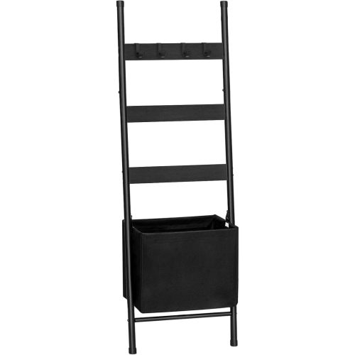 HOOBRO Blanket Ladder with Basket, 17.3”L x 63.4”H, Towel Rack with Hooks, Blanket Holder Rack, Decorative Ladder Shelf, Drying and Display Rack for Bathroom, Living Room, Black BB31CJ01
