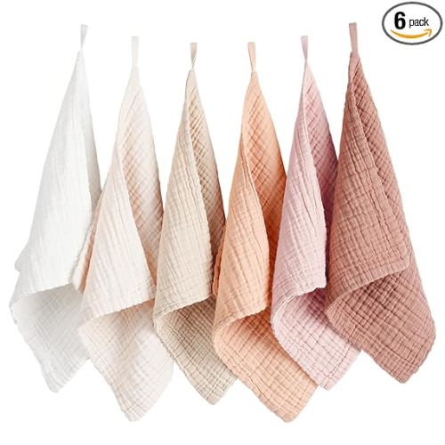 Konssy 6 Pack Baby Muslin Washcloths for Unisex 100% Cotton Wash Cloth Set for Baby Face Body Comfy and Soft for Newborn Infants Kids Girls and Boys