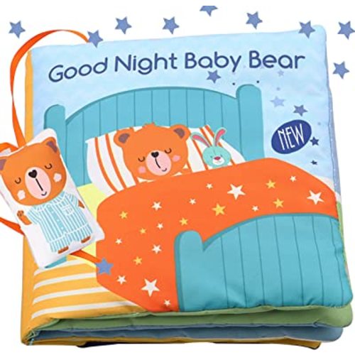 bebe mondo Teddy Bear Soft Baby Book Activity Quiet Cloth Books Developmental Toys Interactive Baby Books for Babies Toddlers Infants, for Baby Boy Girls,Washable Toys Mirror Book Goodnight W Box