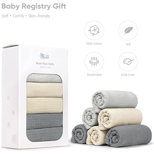 lulumoon Muslin Burp Cloths Sets - Large Cotton Burping Cloth Super Soft and Absorbent for Baby Boys and Girls 6pack (Grey)