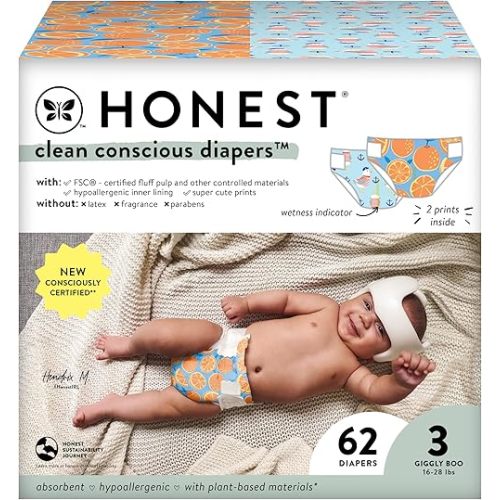The Honest Company Clean Conscious Diapers for Sensitive Skin | Hypoallergenic, Fragrance Free | Gender Neutral Prints | Club Box, Size 3 (16-28 lbs), 62 Count (Prints May Temporarily Vary)