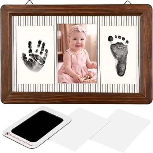 Qunclay Inkless Hand and Footprint Newborn Picture Frame, Stripe, Walnut