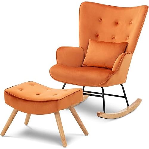 Artechworks Modern Velvet Rocking Chair, Glider Chair with Ottoman Cushion, Nursery Mid Century Upholstered Tufted Chair Rocking Armchair Rocker Accent Chair for Livingroom, Balcony, Caramel