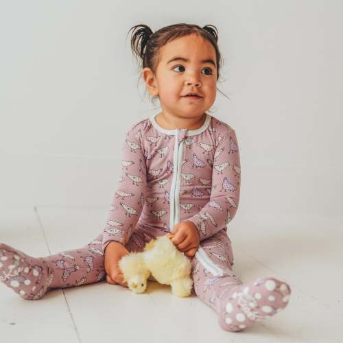 Print Footie with 2 Way Zipper in Lavender Chickens