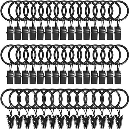 44 Pack Curtain Rings Hooks, Hanger Clips for Hanging Drapery Drapes Bows, 1 inch Interior Diameter, Fits up to 5/8" Rod, Black