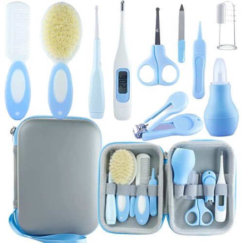 Baby Grooming Kit, Baby Essentials for Newborns, Portable Baby Care Kit, Contains Baby Nail Clippers, Baby Comb, Baby Brush, Baby Ear Wax Removal Tool and More (10 in 1) (Blue)