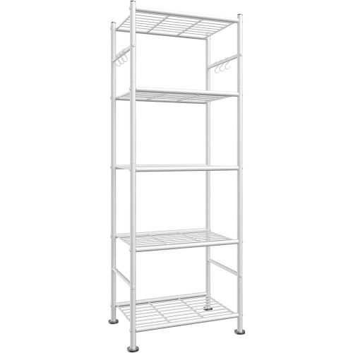 Storage Shelves - 5-Tier Large Capacity Shelf Organizer with Hooks, Heavy-Duty Garage Shelving with Leveling Feet, Wobble-Free Rack for Bedroom, Balcony, Garage, 18.1"×12.4"×56.8", White
