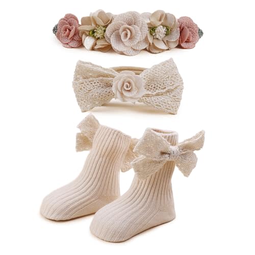 BFNAAgirl Baby Girl Nylon Headbands Socks Set Baby Bow Tie Socks Newborn Flower Socks Elastic Hairbands Hair Accessories Gift for Newborn Infant Toddlers (W-6)