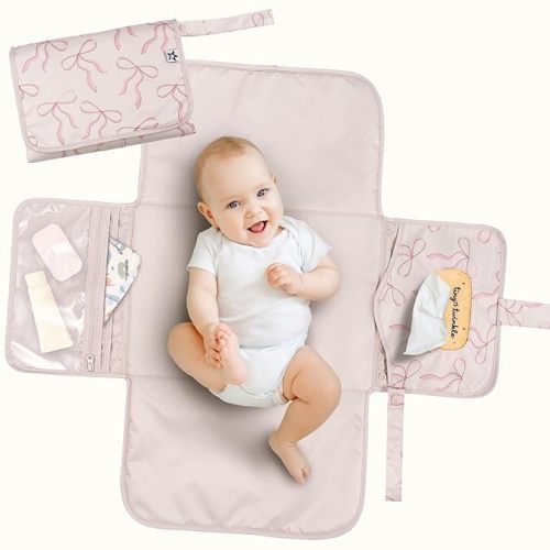 Tiny Twinkle Portable Diaper Changing Pad | Foldable, Waterproof & Compact Travel Changing Mat with Storage | Smart Wipes Pocket for On-The-Go Parents | Baby Shower Newborn Gift (Bows)
