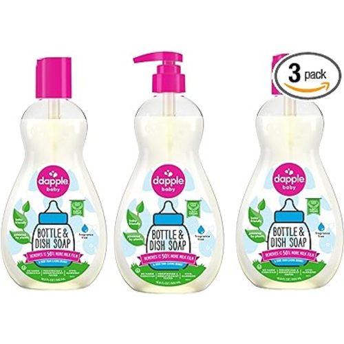 Dapple Baby, Bottle and Dish Soap Dish Liquid Plant Based Hypoallergenic 1 Pump Included, Packaging May Vary, Fragrance Free, 16.9 Fl Oz (Pack of 3)