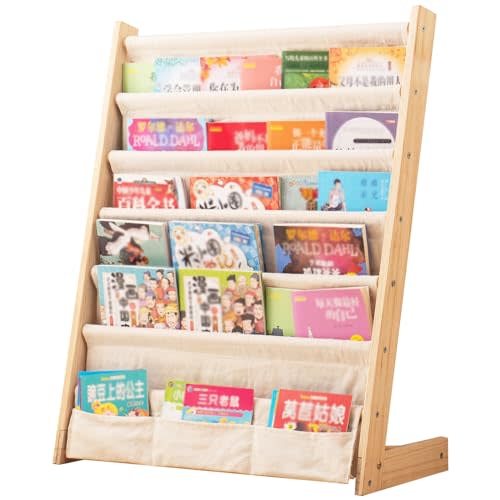 Wooden Bookshelf for Kids Wood Bookrack Canvas Book Storage Shelf Display Bookshelf 6 Tier Kids Book Rack for Bedroom Living Room Playroom Storage Organizer Natural (24.6" L x 11.81" W x 31.10" H)