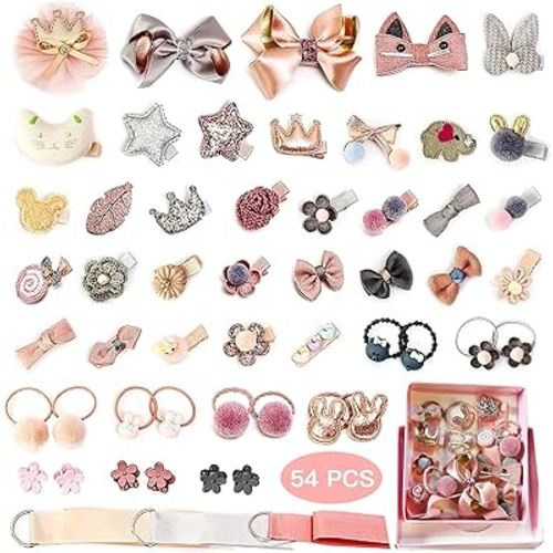 ZOCONE Baby Hair Clips and Hair Ties, 54pcs Cute Bow Hairpins Elastic Hair Bands Holders, Hair Accessories for Baby Girls Toddlers (Pink Grey Orange)
