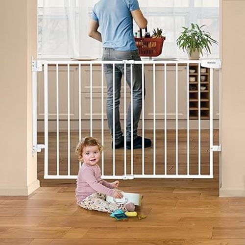 Babelio 29.7-46.5" No Bottom Bar Baby Gate for Stairs, Safety Pet Gates with Large Walk Thru Door, Hardware Mount Dog Gate for The House and Doorways, White