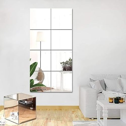 JUNEBRUSHS 8 Pack Self Adhesive Acrylic Mirror, 12X 12 Inch Mirror Tiles,Flexible Plastic Mirror Sheets Wall Stickers,2MM Thick Mirror,Frameless Small Mirror