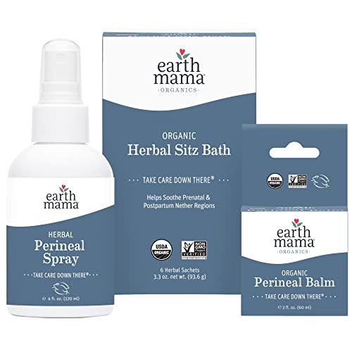 Earth Mama Postpartum Recovery Kit, Take Care Down There® Trifecta with Organic Perineal Balm, Sitz Bath & Herbal Peri Spray, 3-Piece Set