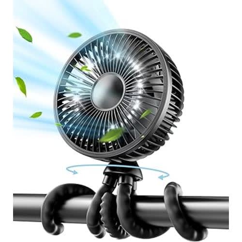 Gaiatop Baby Stroller Fan, 4000mAh Oscillating Mini Portable Fan with Lights, 4 Speeds Battery Operated 360° Rotate Flexible Tripod Small Clip On Handheld Desk Fan for Car Seat Crib Travel Black