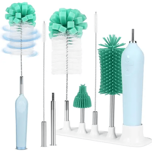 Electric Bottle Brush Cleaner With Holder, Rechargeable Automatic Water Bottle Cleaner With Stainless Steel Extension Handle, Extra Long Water Bottle Brush,Nipple Brush, Straw Cleaner Brush,Green
