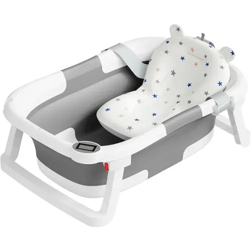 Collapsible Baby Bathtub,Baby Bath Tub with Soft Cushion & Thermometer,Baby Bathtub Newborn to Toddler 0-36 Months,Portable Travel Baby Tub