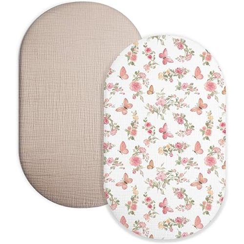 Bassinet Sheet for Baby Boy and Girl 2 Pack, Fitted Sheets for Rectangle, Oval, Hourglass Bassinet Mattress, Muslin Moses Basket Sheets with Neutral Style(Butterfly & Beige)