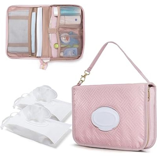 Diaper Clutch Bag with 2 Pieces Wipes Dispensers, Small Diaper Bag with Multiple Pockets for Storage of Baby Necessities, Baby Travel Essential, Pink