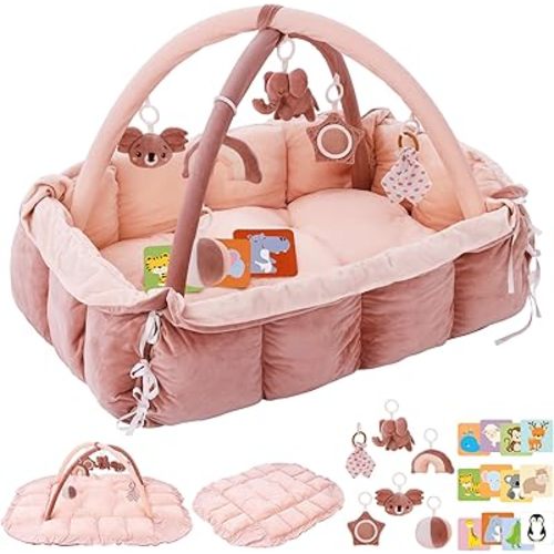 5-in-1 Plush Baby Play Gym, Baby Play Mats, Convertible Baby Gym, Tummy time mat, 6 Sensory Toys, Activity Center, Ball Pit, Pink