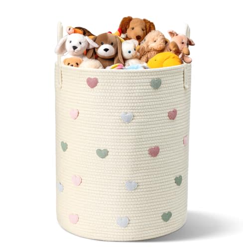 LemonRoad Macaron Heart Laundry Hamper Large Cotton Rope Storage Basket Woven Storage Bucket with Handles for Bathroom Bedroom Nursery Toy Clothes Organizer, 60 L