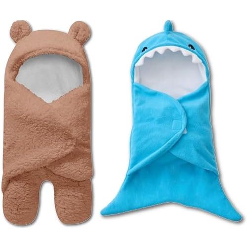 BlueMello Bear Swaddle Blanket & Shark Swaddle Blanket Bundle | Ultra-Soft Plush Essential for Infants 0-6 Months | Ideal Newborn Registry and Toddler Boy Accessories| Perfect Baby Girl Shower Gift