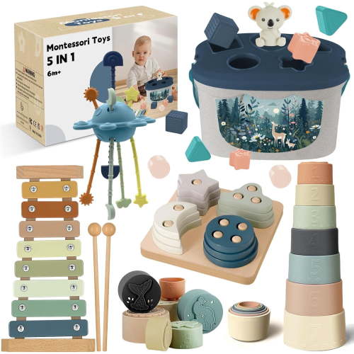 5-in-1 Montessori Baby Toy Set for 6-12 Months, Shape Sorter, Stacking Rings, Soft Blocks, Wooden Activity Toy and Xylophone, Sensory Development and Educational Gift for Infants and Toddlers