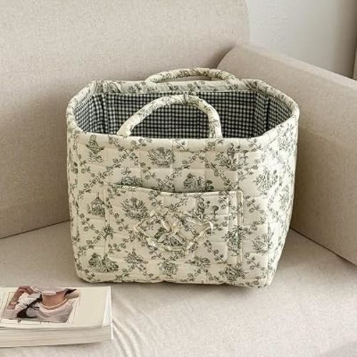 Foldable Laundry Basket Boho Bear Storage Basket Floral Quilted Fabric Car Storage Basket Handles Large Laundry Baskets for Clothes and Dolls