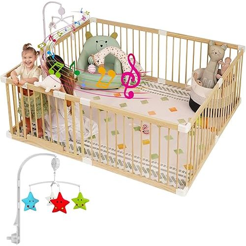 Baby Playpen, Wooden Playpen for Babies and Toddlers, Large Wooden Baby Playpens with Toys, Portable Play Pen, Easy Assembly Fence Play Area for Indoor(59 * 59in