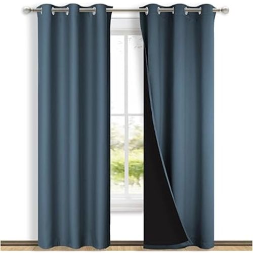 NICETOWN Smoky Blue Full Shade Curtain Panels, Pair of Thermal Insulated & Energy Efficiency Blackout Drapes for Living Room, Lined Silky Performance Window Dressing (37" Wide x 84" Long, Gray)