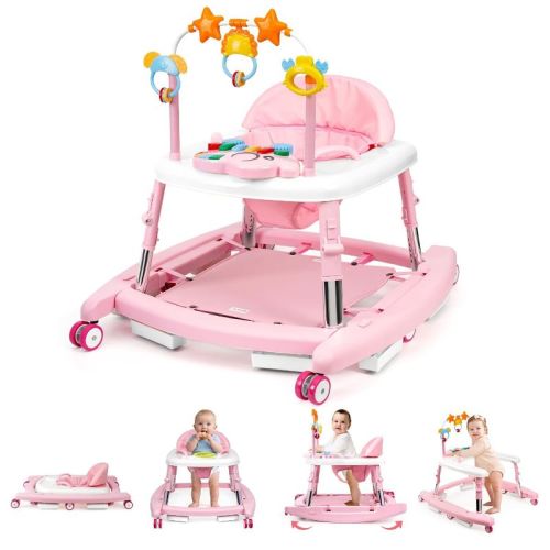 Foalom 5-in-1 Music and Lights Baby Walker Foldable with 5 Adjustable Heights,Pink