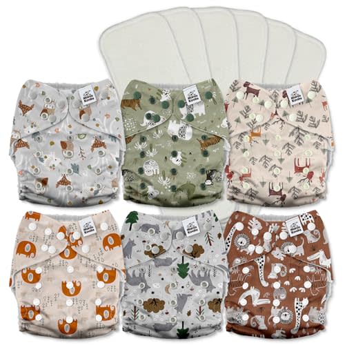Mama Koala 3.0 Cloth Diapers for Babies with AWJ Lining, 6 Pack with 6 5-Layer Natural Cloth Diaper Inserts - Reusable and Washable Pocket Diapers(A-Animals in The Forest)