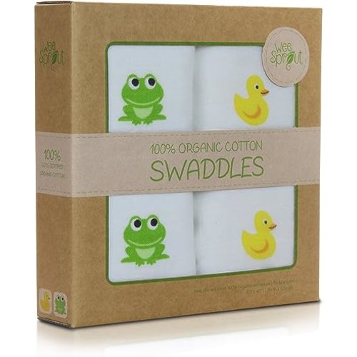 WeeSprout Organic Swaddle Blankets, Set of 2 muslin swaddle blankets, GOTs Certified Organic Cotton, Extra Large 47” x 47” for Easy Swaddling, Breathable Muslin Weave Organic Baby Blanket, Natural Dye