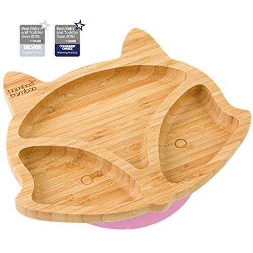 bamboo bamboo Fox Cub Suction Plate for Babies Pink - Powerful Detachable Suction Base - Natural Bamboo Toddler Plates for Stay Put Feeding