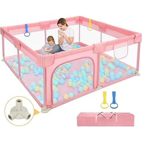 Dripex Baby Playpen, 52"×52" Play Pens for Babies and Toddlers, Safe Anti-Fall Play Yard with Gates, Baby Fence with Breathable Mesh, Indoor & Outdoor Kids Activity Center, Princess Pink