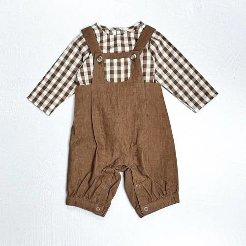 Viverano Organics - Gingham Muslin Shirt + Corduroy Baby Overall SET (Organic): Earth Brown, 0-3M | Eco-Chic Children's Boutique